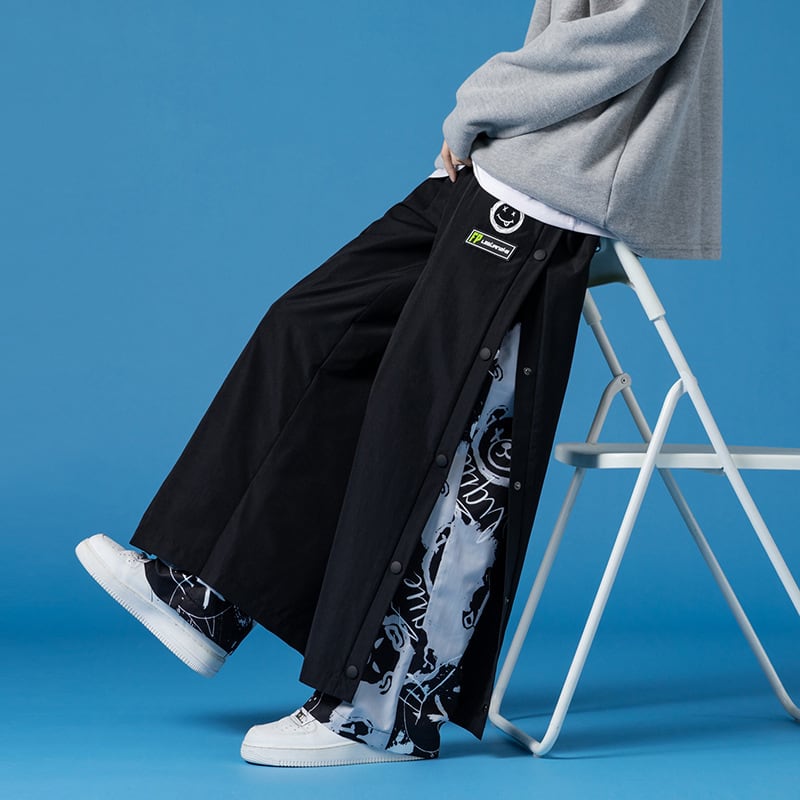 [XLQS Series]★Pants★ 2color Black or White Faux Layered Unisex Large Size Black White