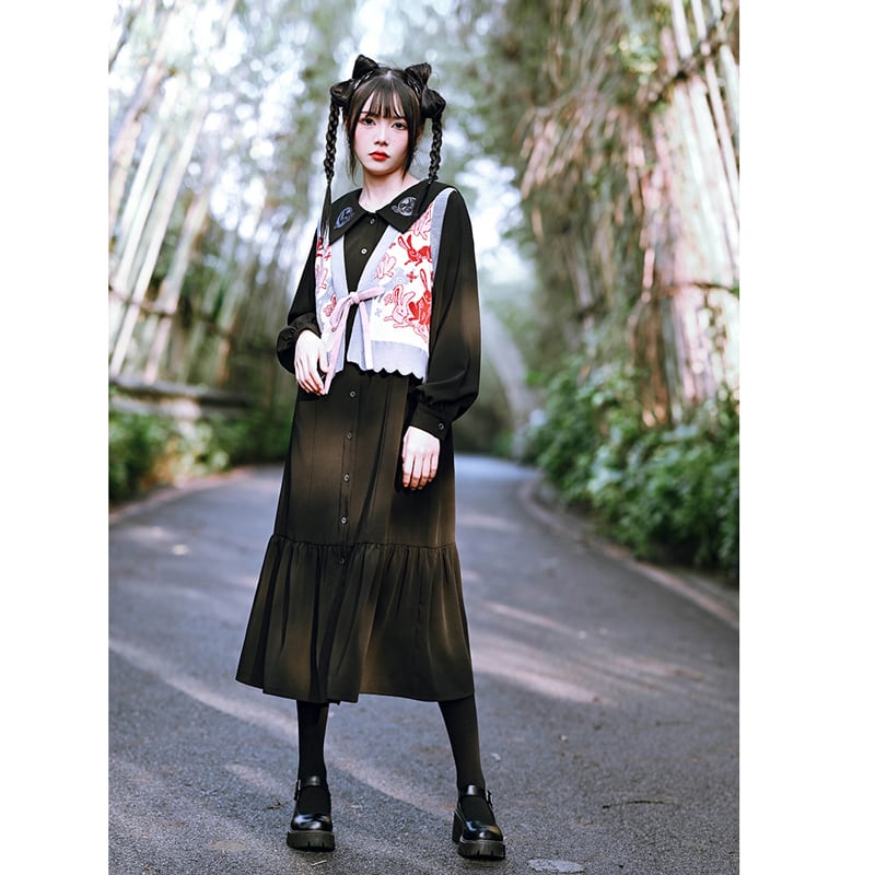 [Old Monster --- Rabbit Series] ★Chinese style dress★ Embroidery cute rabbit original black black SML date