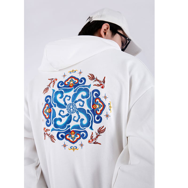 [Machiha clan series] ★China style hoodie★ 2color black or white embroidery wave goldfish alphabet black white