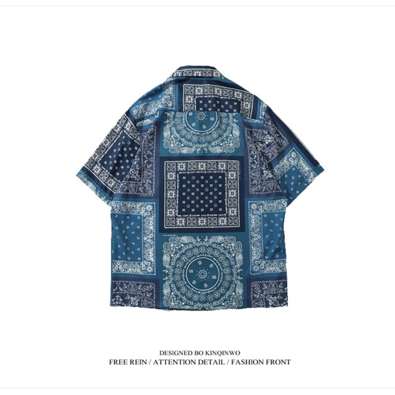 [XIAOGUWAN Series]★Shirt★ 3color Tops Print Short Sleeve Shirt Unisex Men's Blue Black Brown