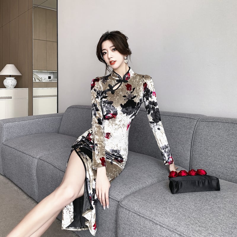 [Hundred Minute Eight Series] ★Cheongsam dress★ Velvet, floral pattern, slimming, sexy, ink pattern dress, improves temperament