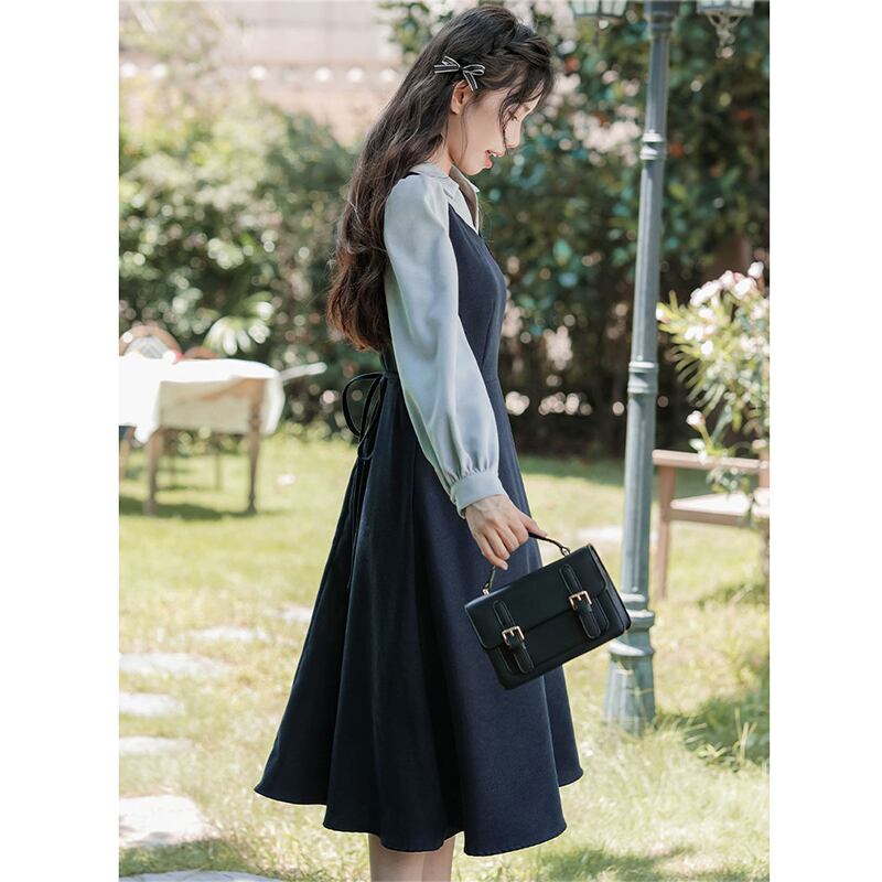 [DANSAIZI Series] ★One Piece★ Faux Layered POLO Neck Switching Ladies Blue Black