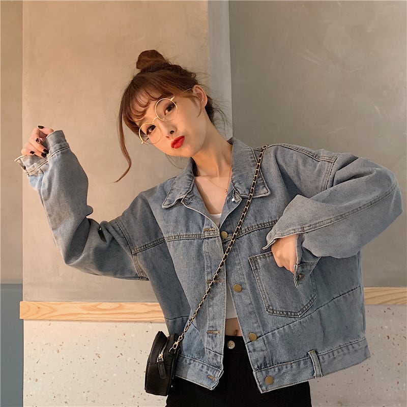 [Mikiko Series]★Denim Jacket★ Outer Jeans Short Length Fashion Easy to Match Blue Blue