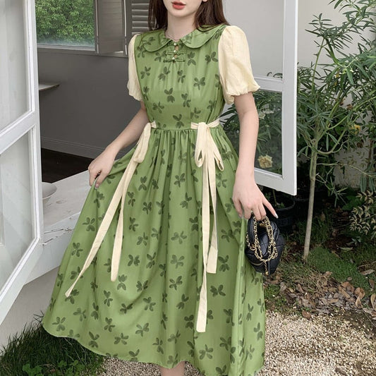 [Dong Xiaojie Series]★China style dress★Floral pattern dress Switchable Cute Large size Green Green