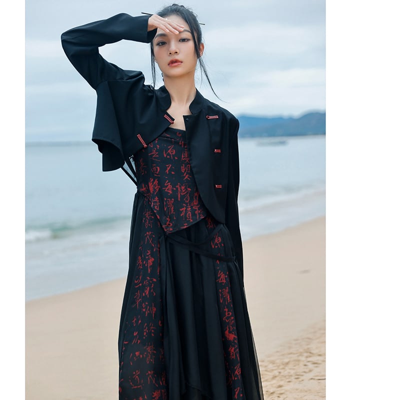 [Daiseiryusu Series] ★China style outerwear★ Tops embroidery black black unique color scheme slimming original