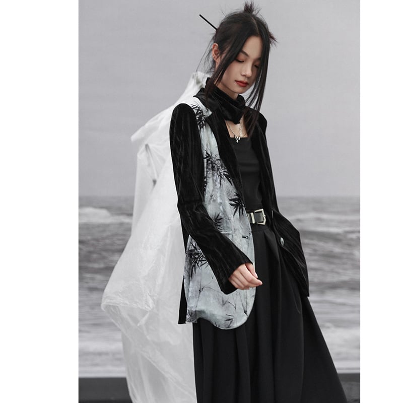 [Da Qinglong Shu Series] ★China style outerwear★ Bamboo bamboo pattern velvet blazer Chinese clothing color scheme black black