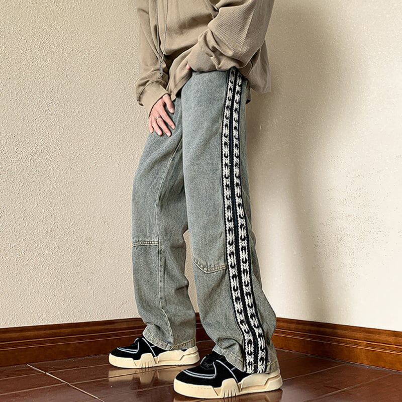 [High Series]★Casual Pants★ 2color Trousers Bottoms Denim Pants Vertical Stripes Plaid Pattern Blue Black