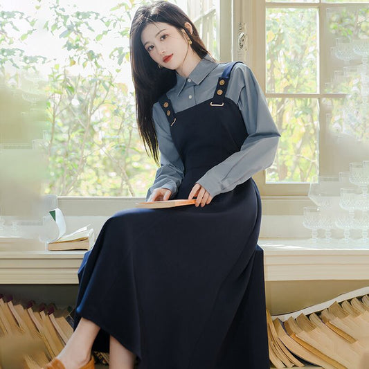 [Rinroki Series]★Setup★ 2-piece set Hanging dress + shirt Women's Blue Blue Commuting Date