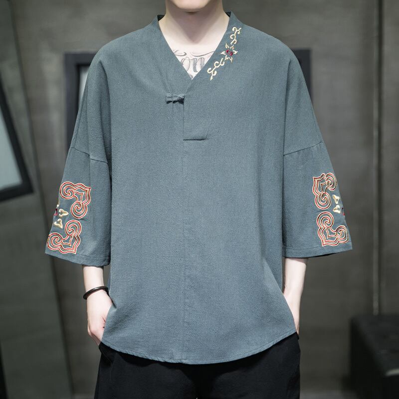 [JUNYI Series]★China style T-shirt★ Tops 3color Unisex Men's Large size Embroidery V neck