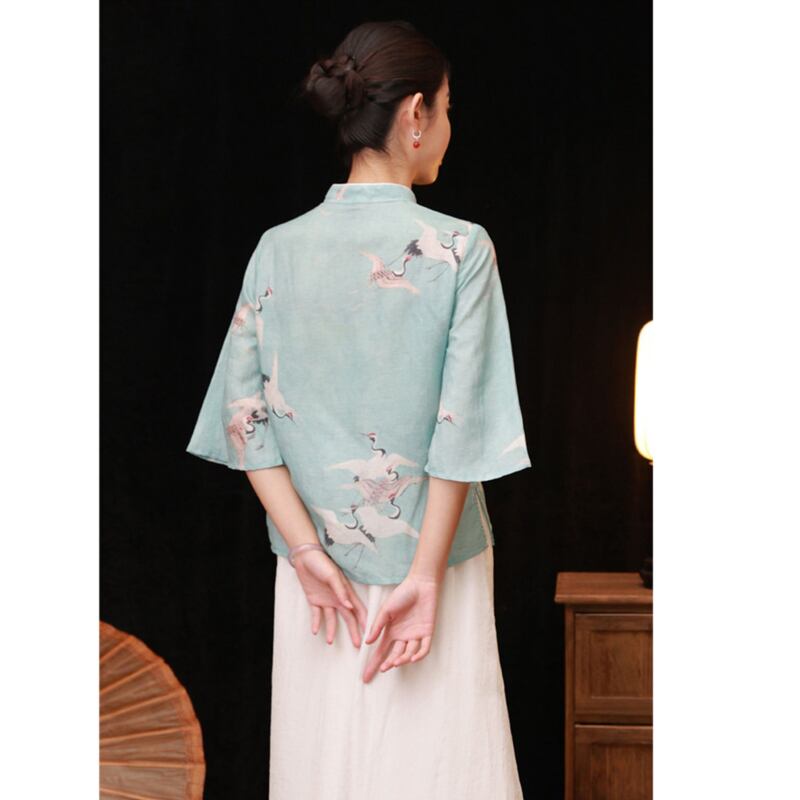 [FEXIAOYUAN series]★China style tops★ Shirt Improved temperament Improved Tang suit Thin Republic style Blue Blue Crane