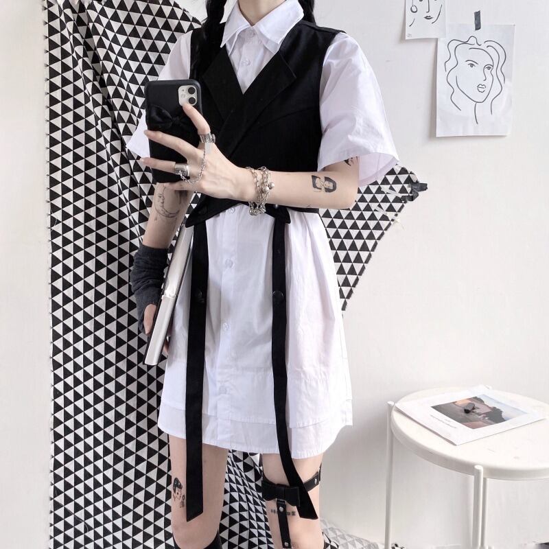 [Queen Series]★Setup Single Order★Shirt or Vest Double Collar Short Length Cute Black White