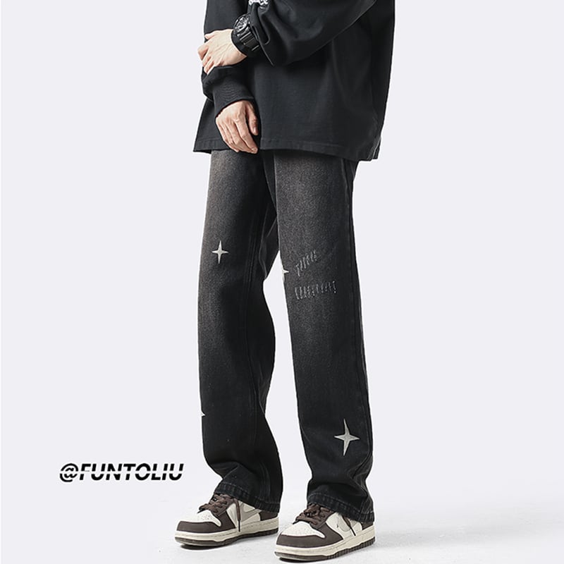 [OULUDE Series]★Denim Pants★ Bottoms Pants Unisex Men's Star Pattern Gray Black ML XL 2XL 3XL