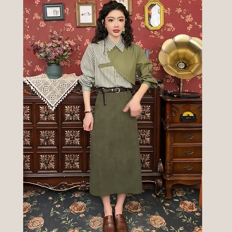 [Misslin Fashion Series]★Setup Single Order★ Shirt or Skirt Faux Layered Striped Pattern Green