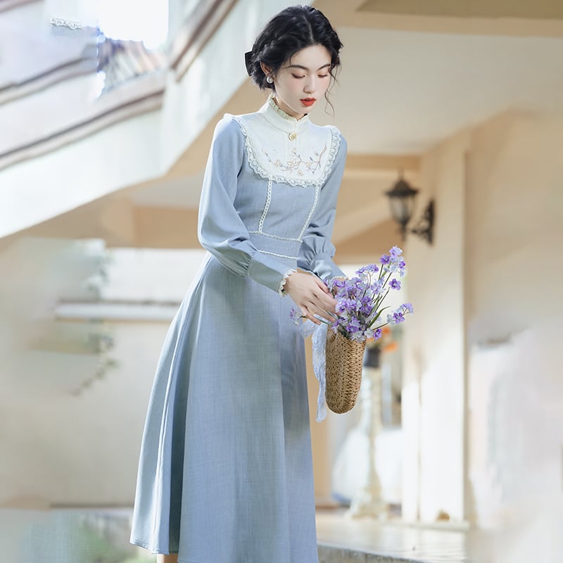 [Tatsuze Chenis Series] ★Chinese style dress★ Hanfu dress, Chinese elements, retro, switching, fake layered, blue, blue