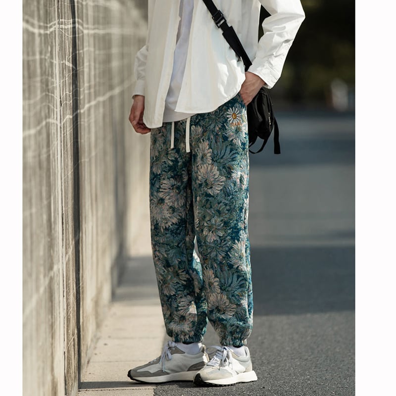 [Small Trouble Series]★China Style Pants★ 4color Oil Painting Style Floral Pattern Bottoms Unisex Men's Large Size