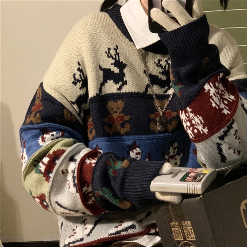 [HeyHenry Series]★Sweater★ 2color Christmas New Year Red Green Blue Deer Pattern Autumn/Winter Men's Couple Clothes Unisex