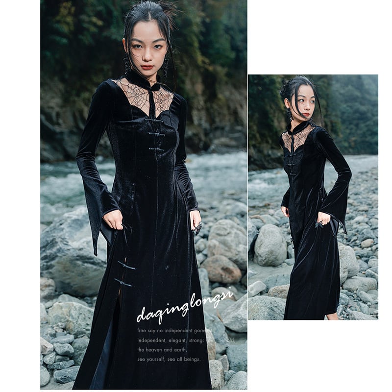 [Big Blue Dragon Series] ★China style dress★ Long length velvet sexy black slit long length