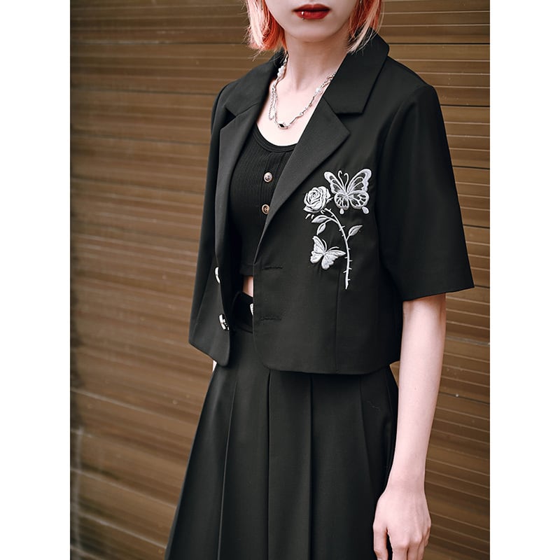 [Ancient monster --- butterfly effect series] ★China style top★ Blazer short sleeve embroidery butterfly short length black black