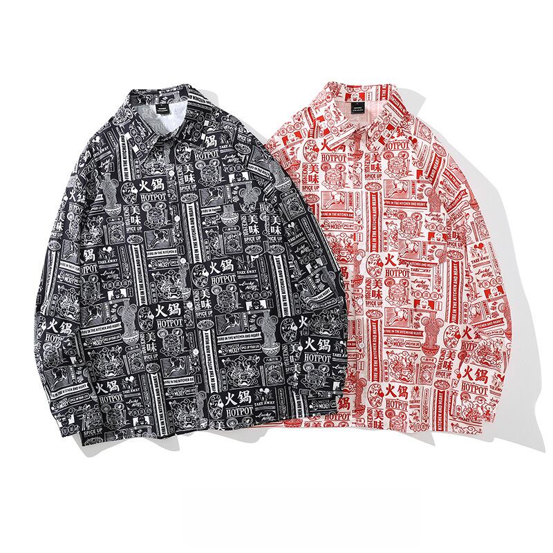 [BEAT BOY Series] ★Retro Shirt★ 2color Print Long Sleeve Shirt Tops Unisex Men's Text Pattern Red Black