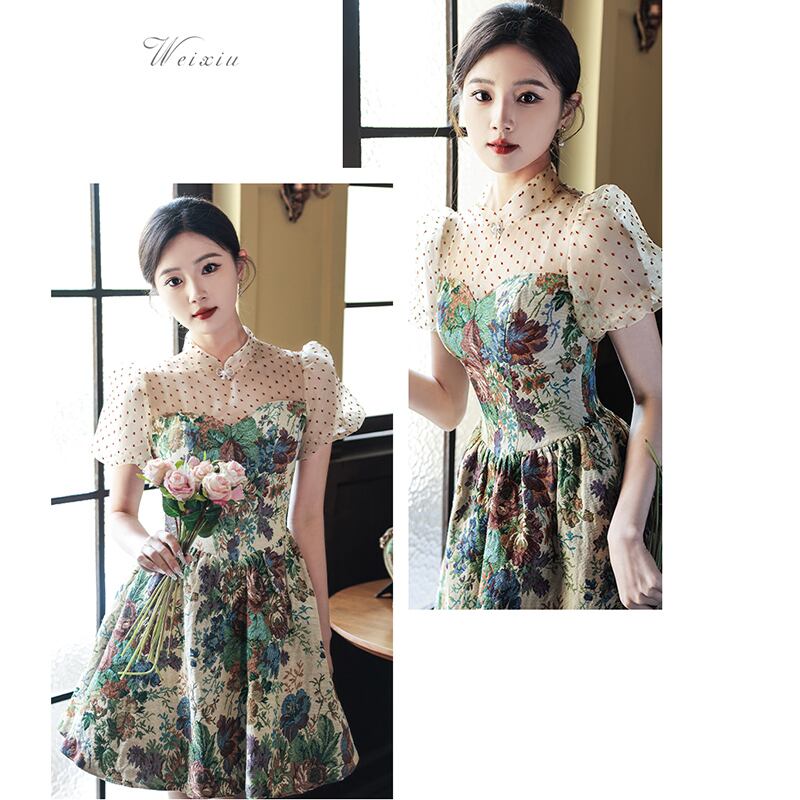 [WEIXIU Series] ★Party Dress★ One Piece Switching Floral Pattern Dot Pattern Short Length Cute Wedding