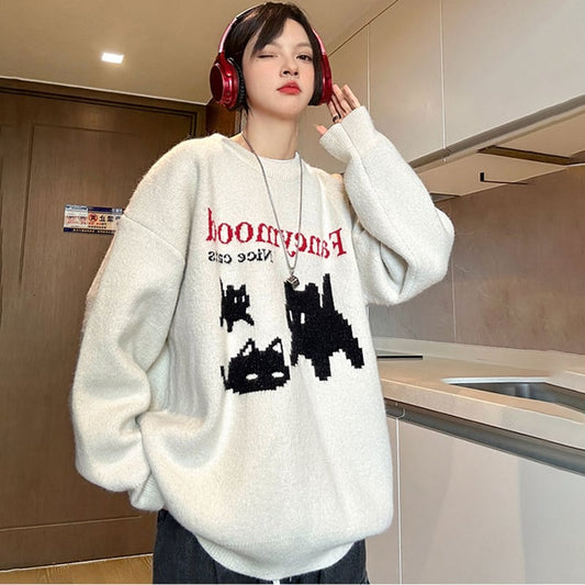 [PPG Series]★Sweater★ 2color Tops Unisex Men's Cat Cat Cute Cartoon Easy to Match