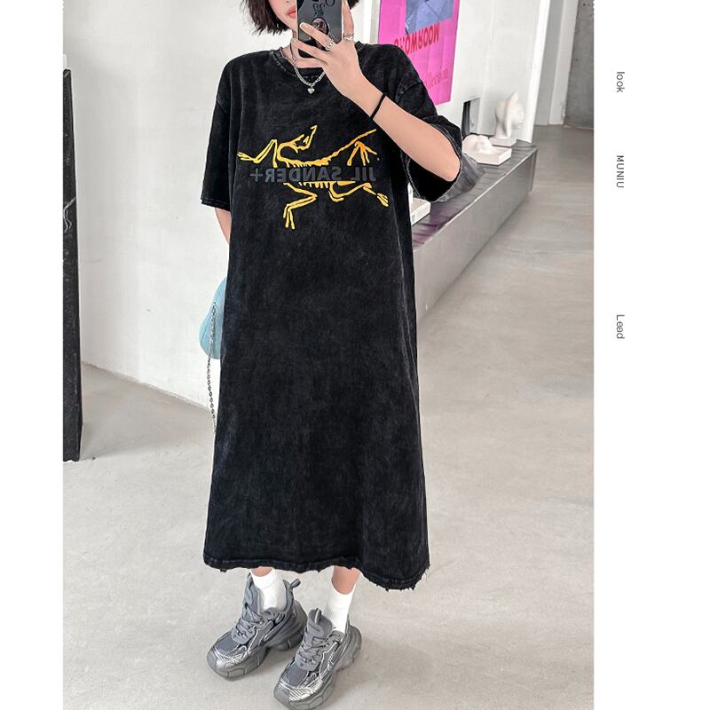 [YIDAO Series] ★T-shirt dress★ Print retro loose casual summer clothes black black