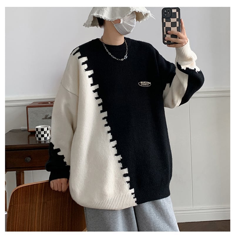 [Ruiweira Series] ★Sweater★ 3color knit tops Unisex Men's Color scheme Easy to match Black Gray Blue