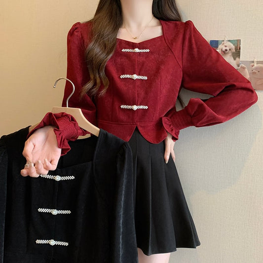 [DINGNING Series]★China style tops★ 2color long sleeve large size black red short length