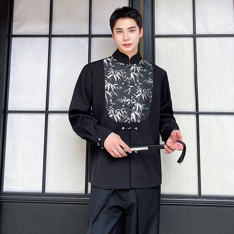 [Illustrated Series]★China Style Shirt★ Tops Unisex Men's Black Bamboo Pattern Switching Chinese Clothes