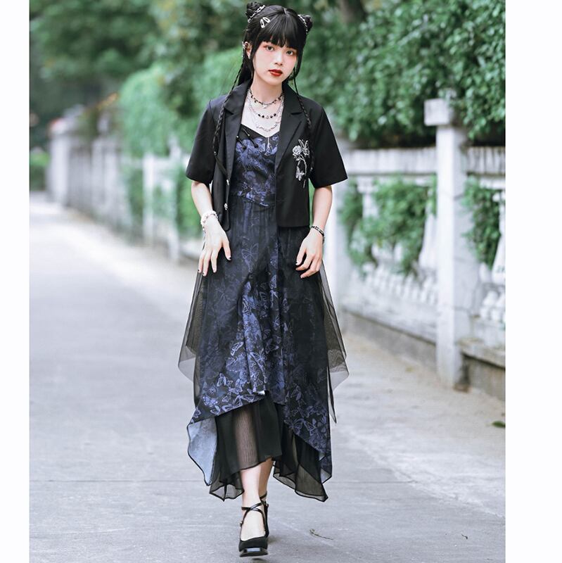 [Ancient monster house --- Butterfly series] ★China style dress★ Hanging dress Butterfly pattern print Long length Cute