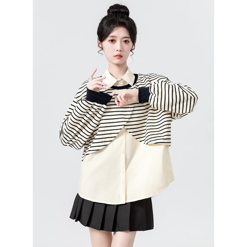 [WEIWU Series] ★Tops★ Fake layered horizontal stripes striped pattern POLO neck fashion SML