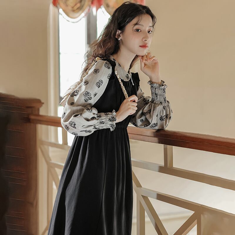 [ZITAIMEIGUI Series] ★One Piece★ Long Length Switching Floral Pattern Women's Commuting Date Black Black