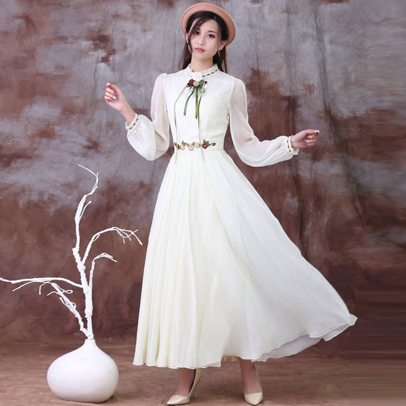 [Nan Kemu Series] ★One Piece★ Long Sleeve One Piece Dress Women's Date Ribbon Chiffon White White