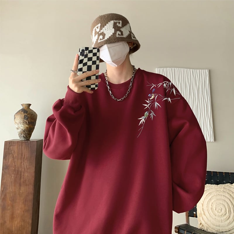 [KADISHOU Series]★China style tops★ 4color brushed lining long sleeve tops sweatshirt unisex men's large size bird and leaf pattern