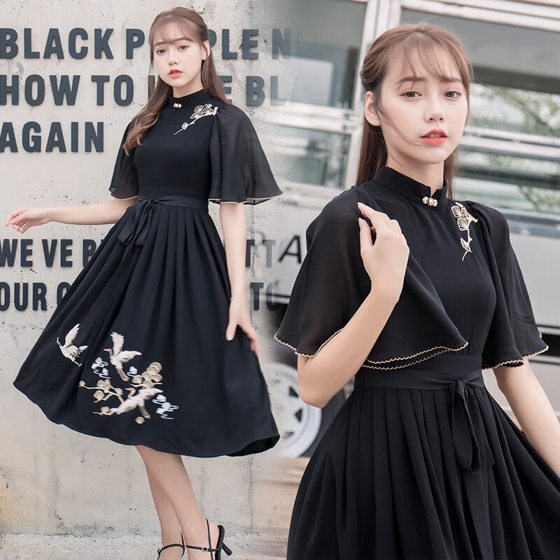 [My Family's Series] ★Chinese-style dress★ Crane embroidery, short sleeves, thong length, A-line, Chinese elements, casual wear, black