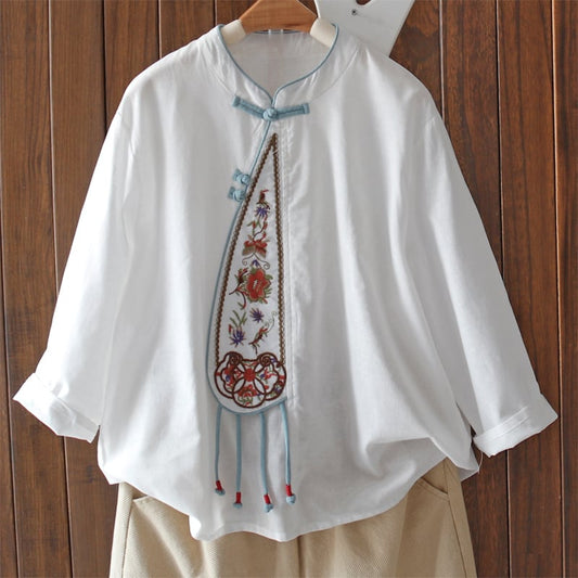 [Qing series]★China style tops★ 3color summer clothes embroidery shirt white blue yellow white blue yellow