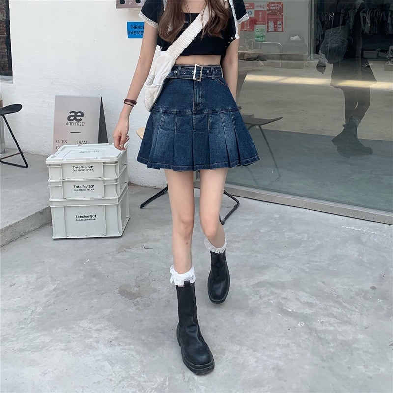 [MENGQIN series] ★Denim skirt★ Mini skirt Belted skirt Bottoms Blue Blue Large size