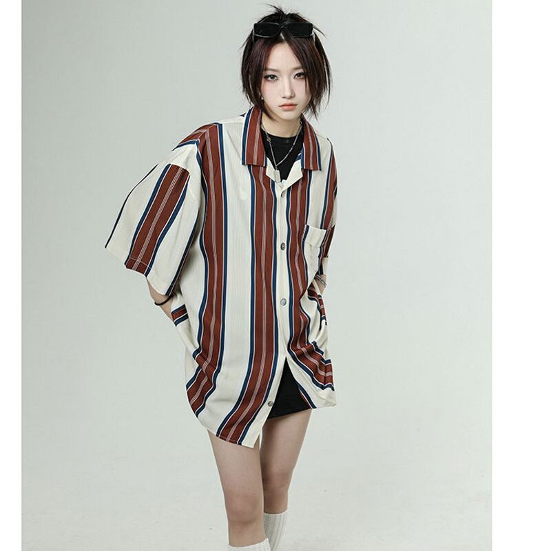 [YOUHAN Series]★Retro Shirt★ Unisex Men's Short Sleeve Tops Chiffon Vertical Striped Striped Pattern Retro