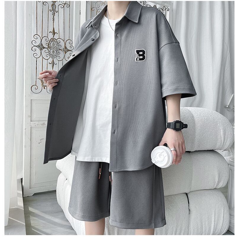 [BIGEMAN Series]★Setup★ Shirt + Shorts 2color Top and Bottom Set Unisex Men's Large Size Gray Black