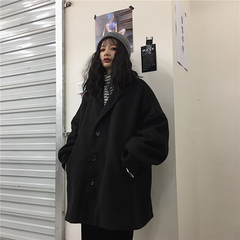 [Miyakoya Series] ★Trench coat★ Rasha Unisex Thick Warm Black Black ML Plain Simple Harajuku style Easy to match