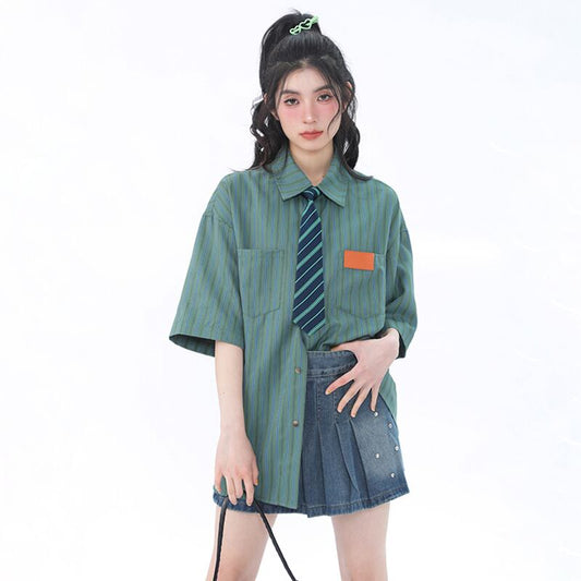 [Escaped Earth Series]★Shirt with tie★ 3color tops, short sleeve shirt, unisex, men's, vertical stripes, striped pattern, loose fit