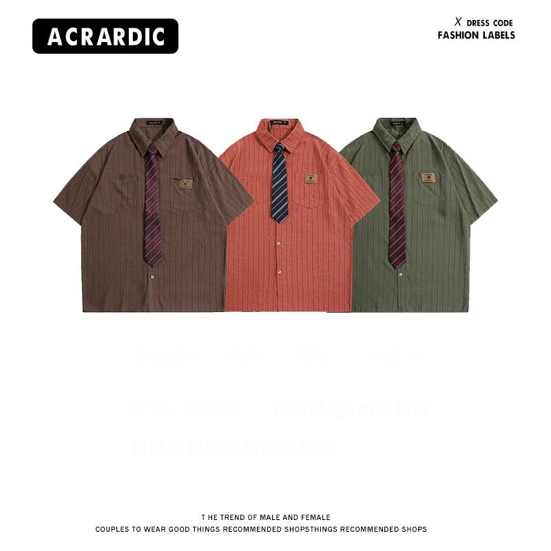 [HTTAOSUP Series]★Shirt with tie★ 3color tops, short sleeve shirt, unisex, men's, vertical stripes, easy to match