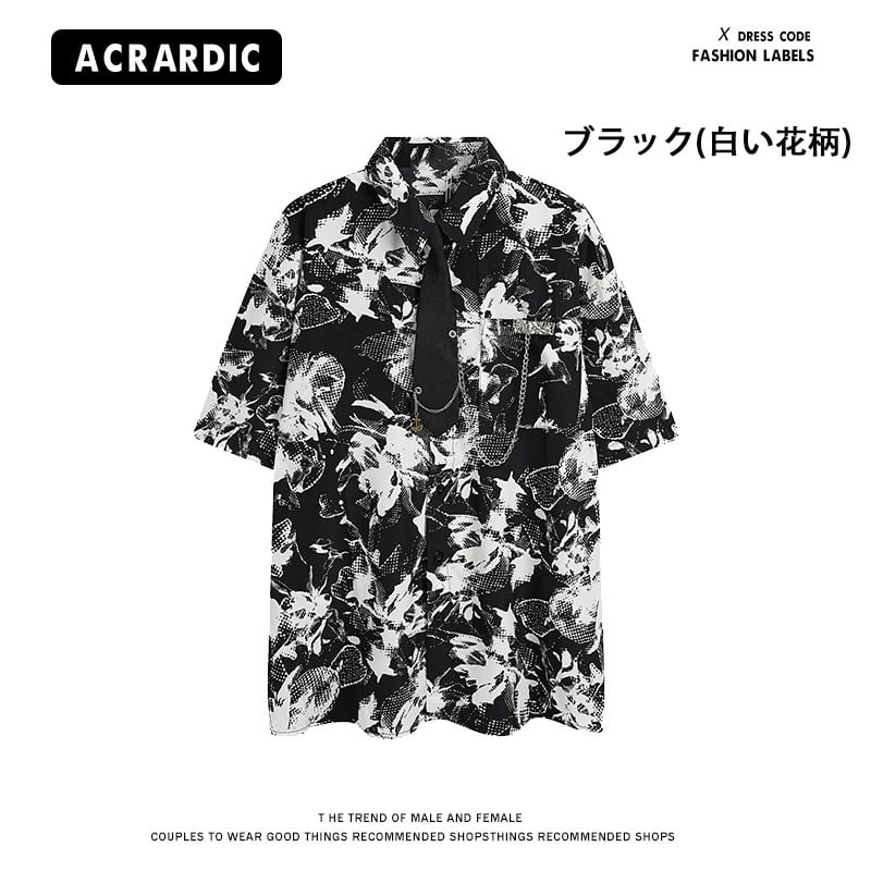 【MDYCDシリーズ】★ネクタイ付きシャツ★ 2color 花柄シャツ トップス 半袖シャツ 男女兼用 メンズ ブラック ホワイト