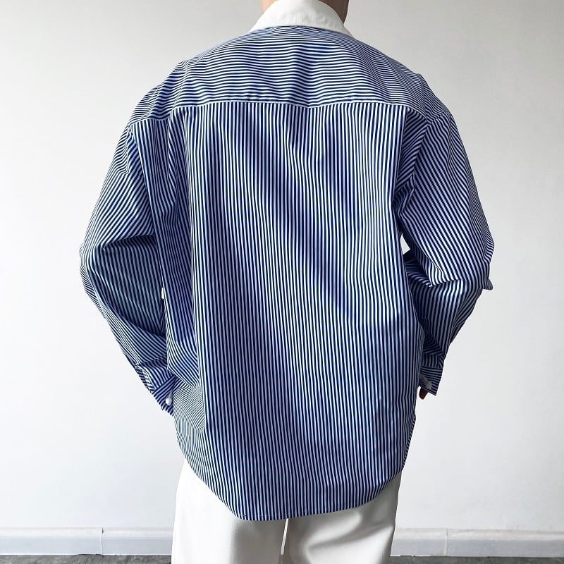 [Orange Family Series]★Chinese Style Shirt★ Chinese Clothes Tops Unisex Men's Vertical Stripes Color Scheme Blue Blue ML XL