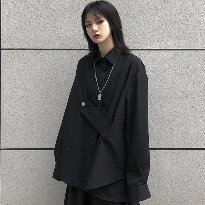 [Modern People Series]★Shirt★ Tops Black Black Free size Loose Harajuku style Irregular Unisex