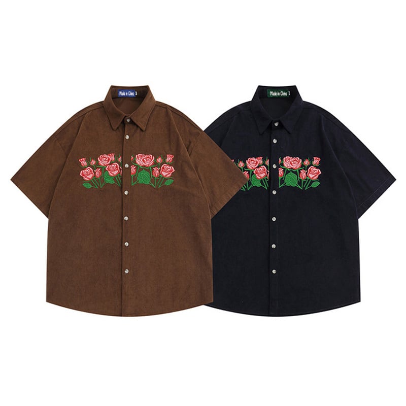 [FANMAN Series]★Shirt★ 2color Tops Short Sleeve Shirt Unisex Men's Embroidery Rose Brown Navy