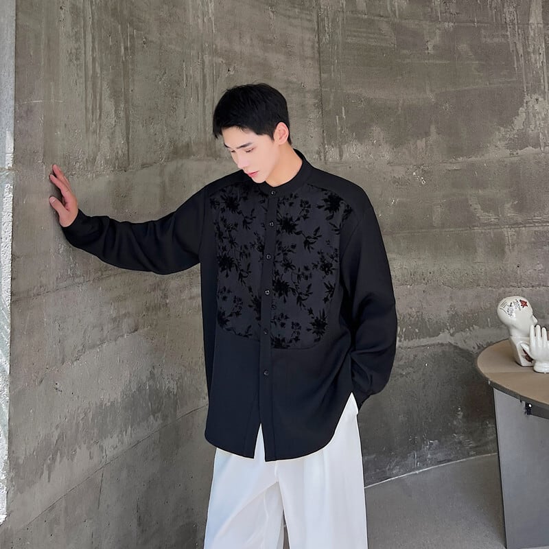 [Illustrated series] ★China style shirt★ 2color tops unisex men's black red floral pattern switching