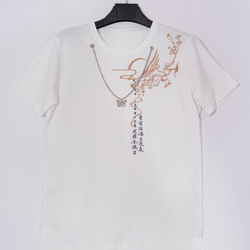 [Kyodo Series]★China style T-shirt★ Tops 2color Unisex Men's Embroidery with chain Butterfly Cotton