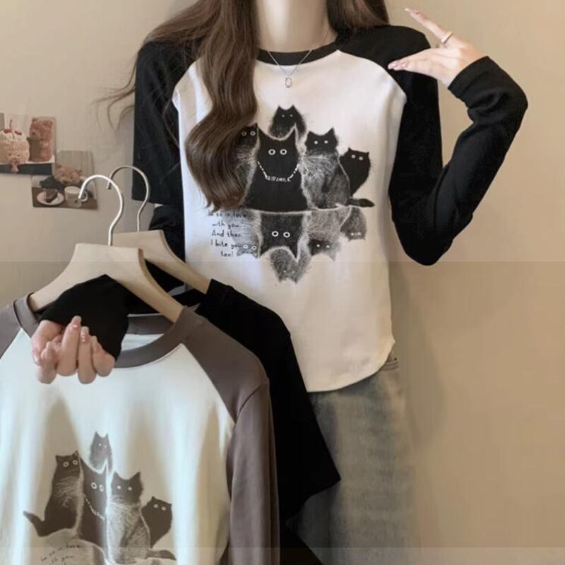 【XIMILUシリーズ】★Tシャツ★ 3color トップス 長袖 ネコ ねこ 猫 着痩せ スリム ブラック ホワイト ブラウン