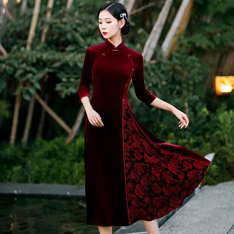 [ZHEZI Series]★China Dress★ 2color Velvet Dress Large Size Long Length Black Red